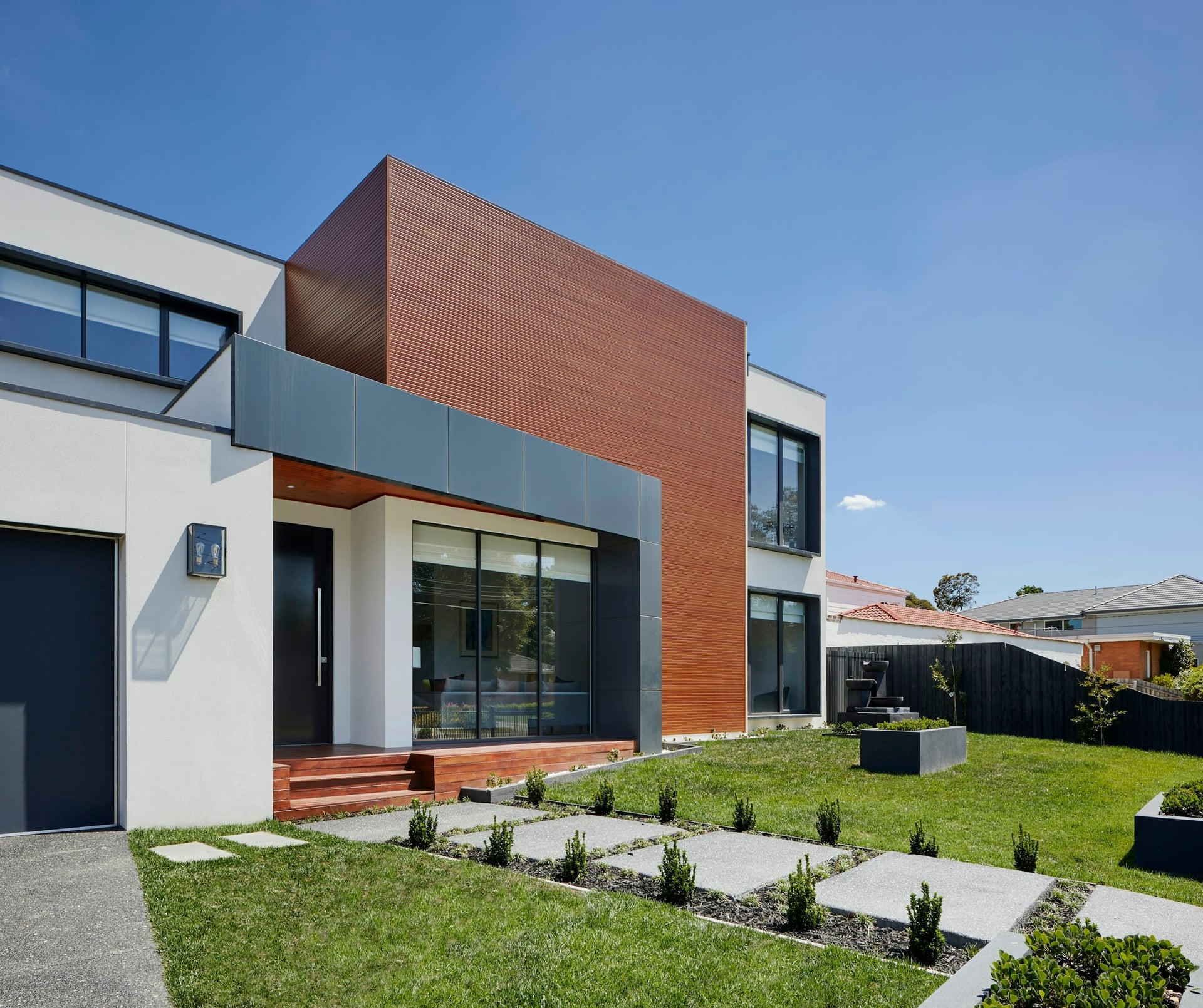 Contemporary house clad in timber-look and composite facade panels